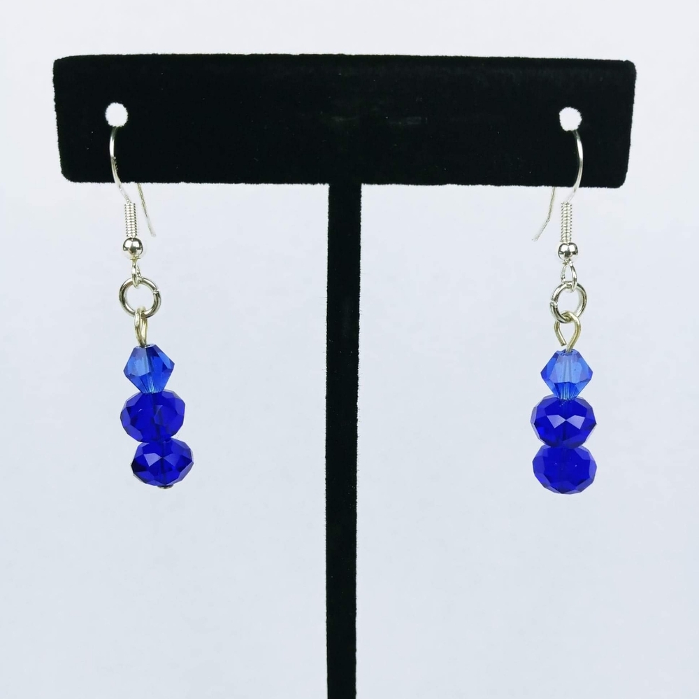 Simple two tone blue faceted glass tiered dangle earrings - Picture 2 of 3